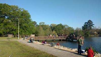 wooden bridge over a lake with people on the bridge and bank