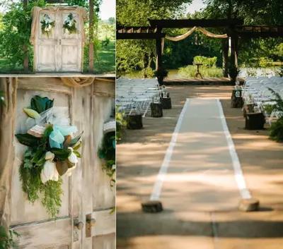 A rustic wedding ceremony featuring a wooden door and elegantly arranged chairs in a natural setting.