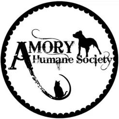 logo for the Amory humane society with a cat and dog attached to the text